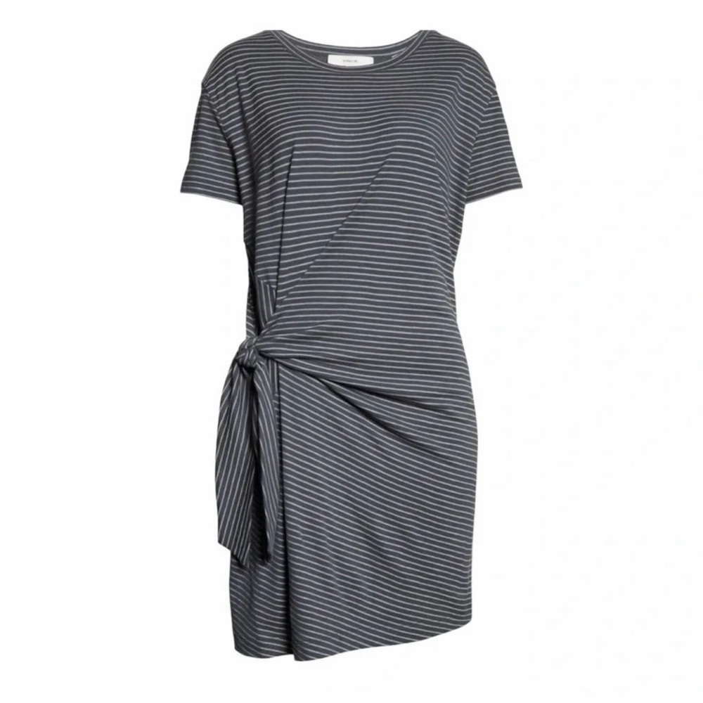 Vince‎ Striped Tie-Front Jersey Knit Dress in Charcoal –